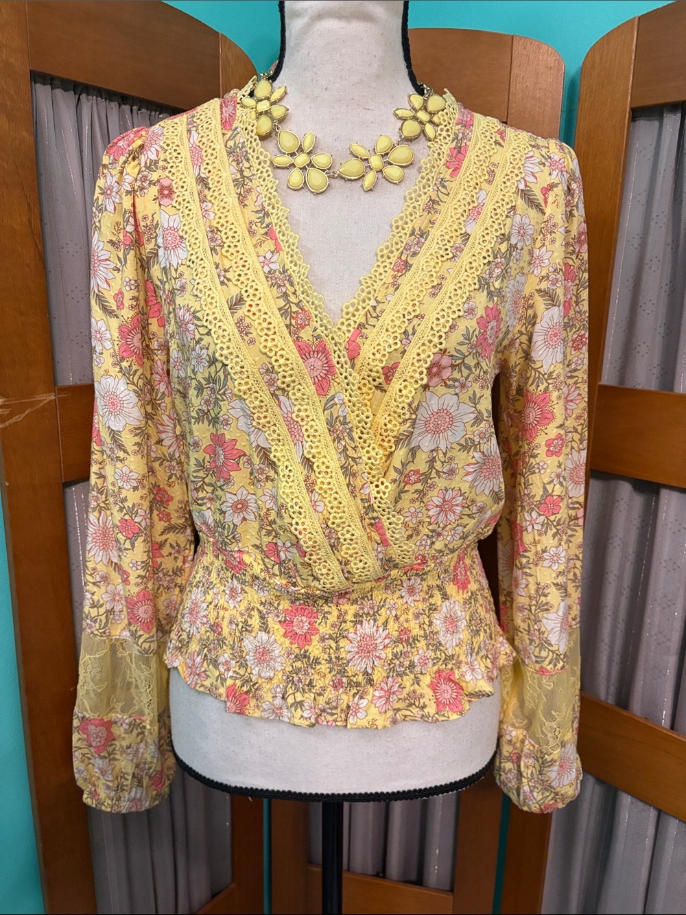 Self Esteem Yellow Floral Lace-Trim Wrap Blouse